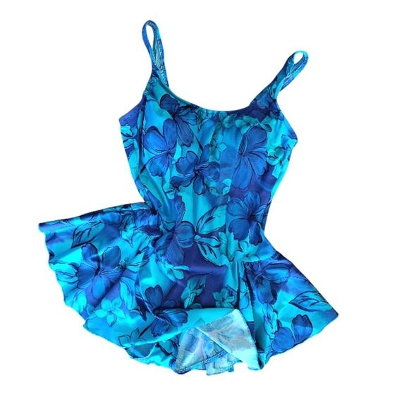 Vintage Turquoise Blue Floral One Piece Mod Swimdress Size 16 *Fits like Large - Picture 4 of 13